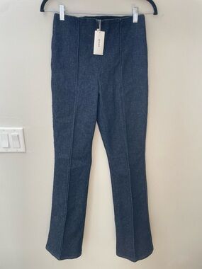 Spanx Denim Demi Boot Flare Pull On Jeans Sz Small Raw Indigo Blue High Rise NWT